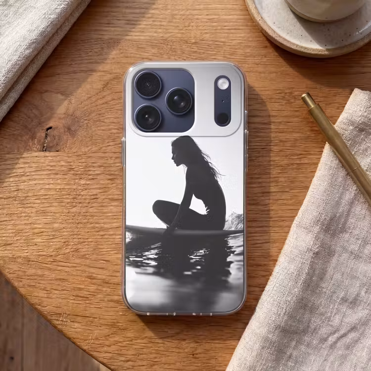 Silhouet - Vrouw - Surfplank - Water Telefoonhoesje iPhone 17 Pro klein -sfeer1