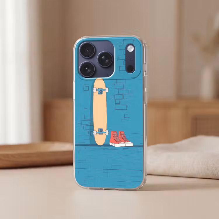 Skateboard - Gympen - Rood - Minimalistisch Telefoonhoesje iPhone 17 Pro klein -sfeer2