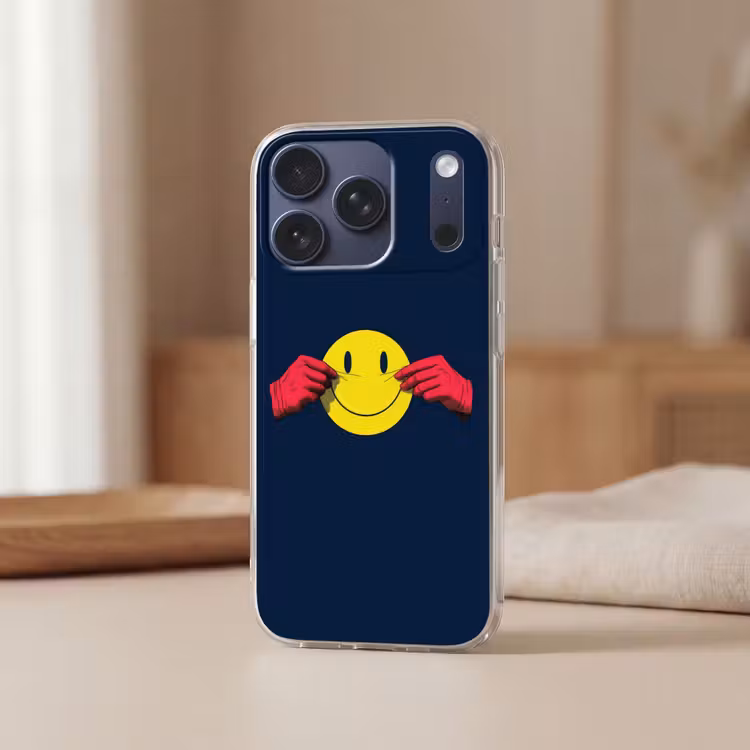 Smiley - Geel - Handen - Minimalistisch Telefoonhoesje iPhone 17 Pro klein -sfeer2