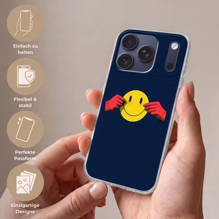 Smiley - Geel - Handen - Minimalistisch Telefoonhoesje iPhone 17 Pro klein -sfeer3_DE