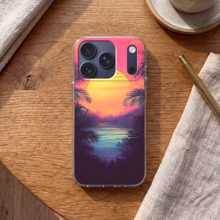 Zon - Geel - Palmbomen - Tropisch Telefoonhoesje iPhone 17 Pro klein -sfeer1