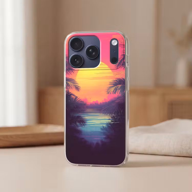 Zon - Geel - Palmbomen - Tropisch Telefoonhoesje iPhone 17 Pro klein -sfeer2