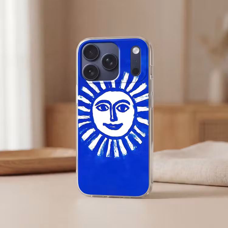 Zon - Gezicht - Penseelstructuur - Blauw Telefoonhoesje iPhone 17 Pro klein -sfeer2
