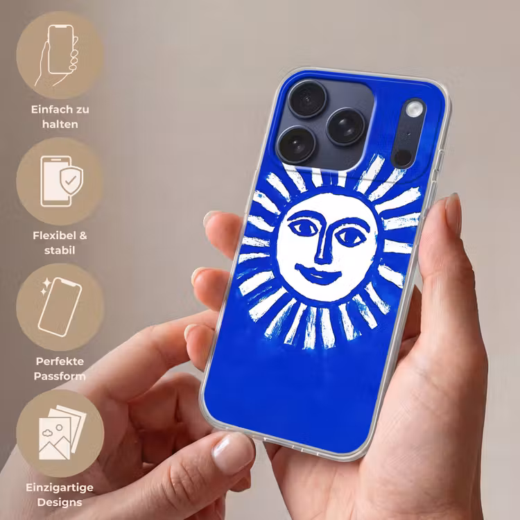 Zon - Gezicht - Penseelstructuur - Blauw Telefoonhoesje iPhone 17 Pro klein -sfeer3_DE