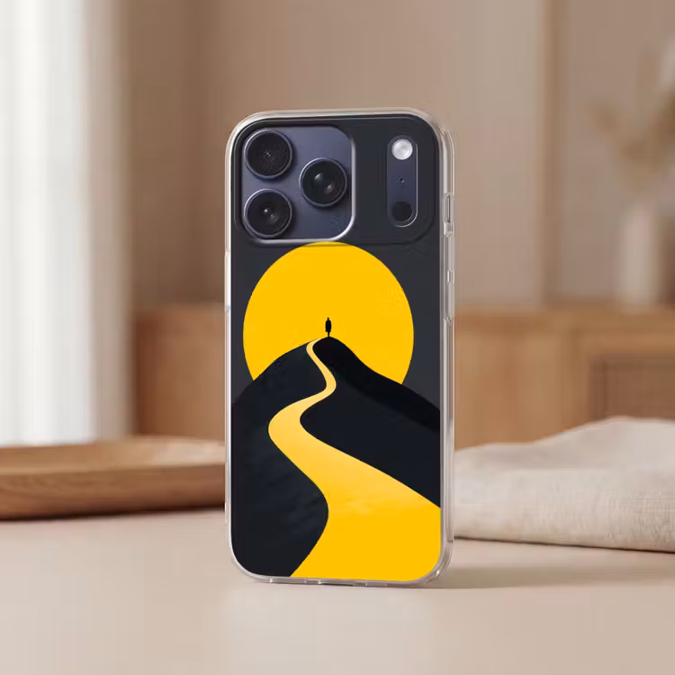 Zon - Heuvel - Pad - Geel Telefoonhoesje iPhone 17 Pro klein -sfeer2
