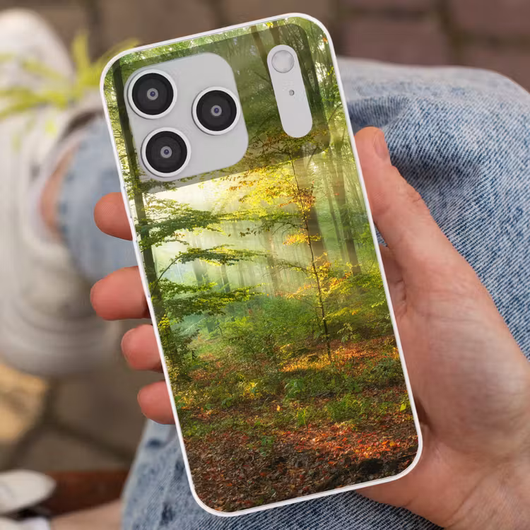 Zon - Bos - Bomen - Natuur - Herfst Telefoonhoesje iPhone 17 Pro klein -sfeer2