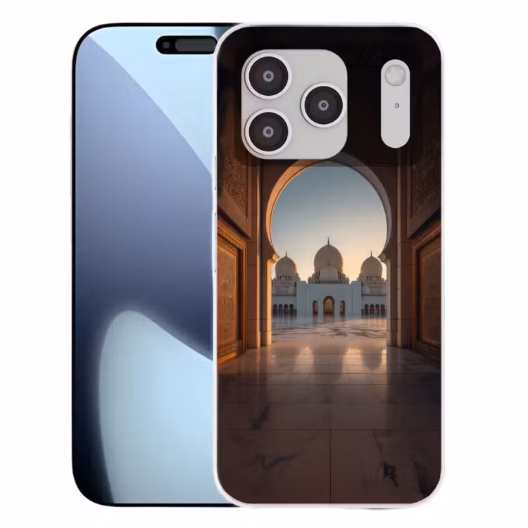 Zonsopkomst - Witte koepels - Plein - Moskee Telefoonhoesje iPhone 17 Pro klein -3d