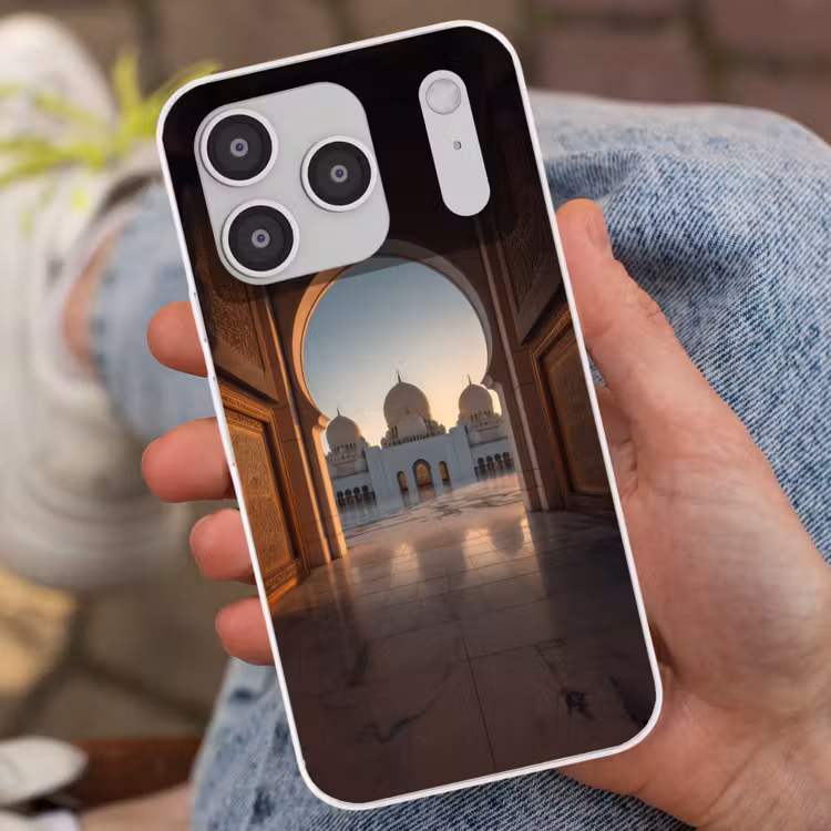Zonsopkomst - Witte koepels - Plein - Moskee Telefoonhoesje iPhone 17 Pro klein -sfeer2