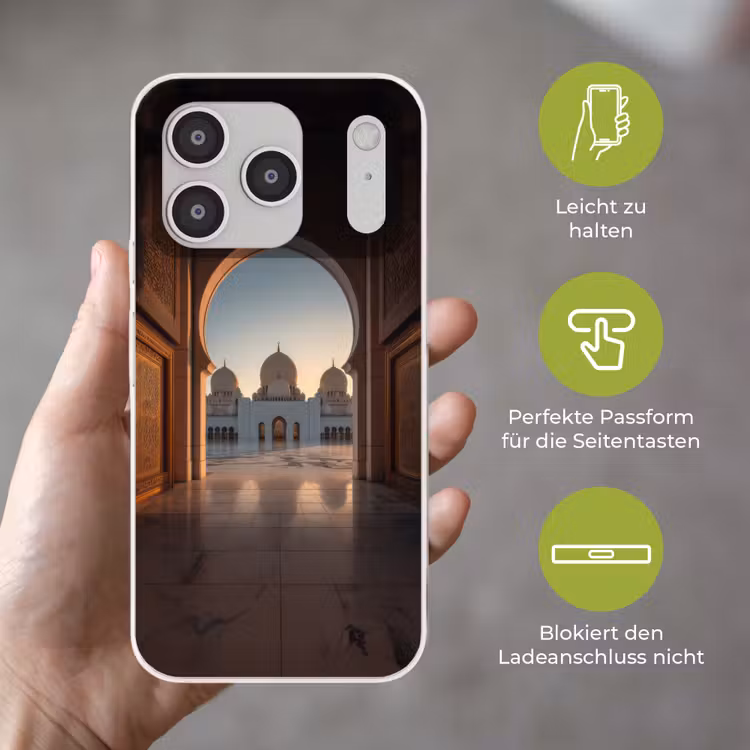 Zonsopkomst - Witte koepels - Plein - Moskee Telefoonhoesje iPhone 17 Pro klein -sfeer3_DE