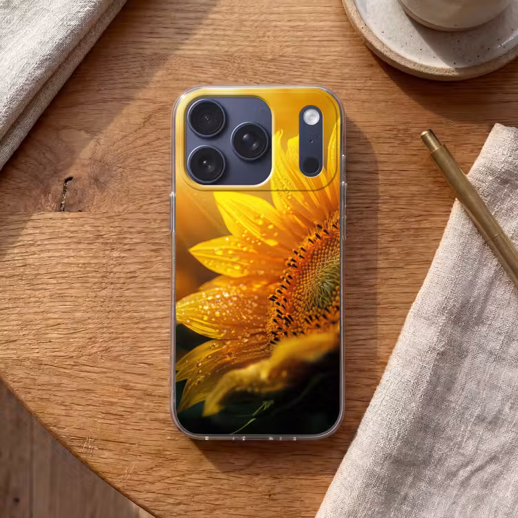 Zonnebloem - Dauwdruppels - Geel - Zonlicht Telefoonhoesje iPhone 17 Pro klein -sfeer1