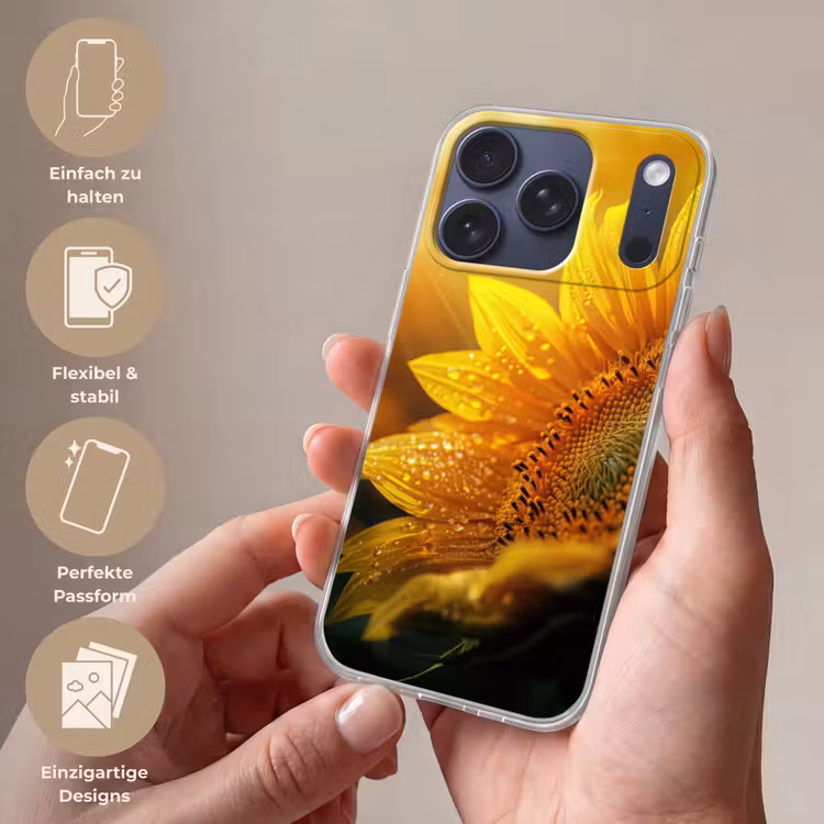 Zonnebloem - Dauwdruppels - Geel - Zonlicht Telefoonhoesje iPhone 17 Pro klein -sfeer3_DE