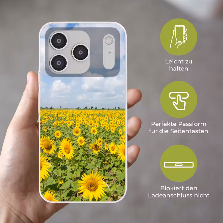 Zonnebloemen - Bloemen - Wolken - Natuur - Geel - Landschap Telefoonhoesje iPhone 17 Pro klein -sfeer3_DE