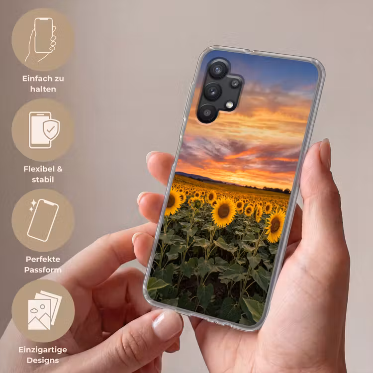 Zonnebloemen - Heuvellandschap - Geel Telefoonhoesje Samsung Galaxy A32 5G klein -sfeer3_DE