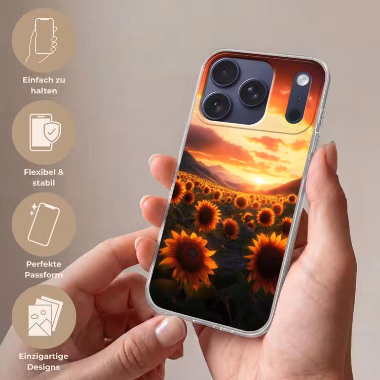 Zonnebloemen - Zonsondergang - Landschap Telefoonhoesje iPhone 17 Pro klein -sfeer3_DE