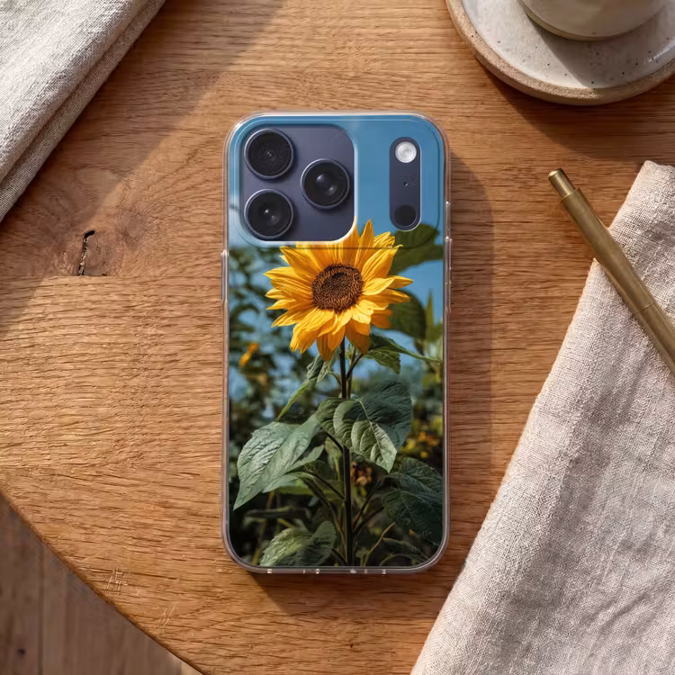 Zonnebloemen - Helderblauwer lucht - Gras Telefoonhoesje iPhone 17 Pro klein -sfeer1