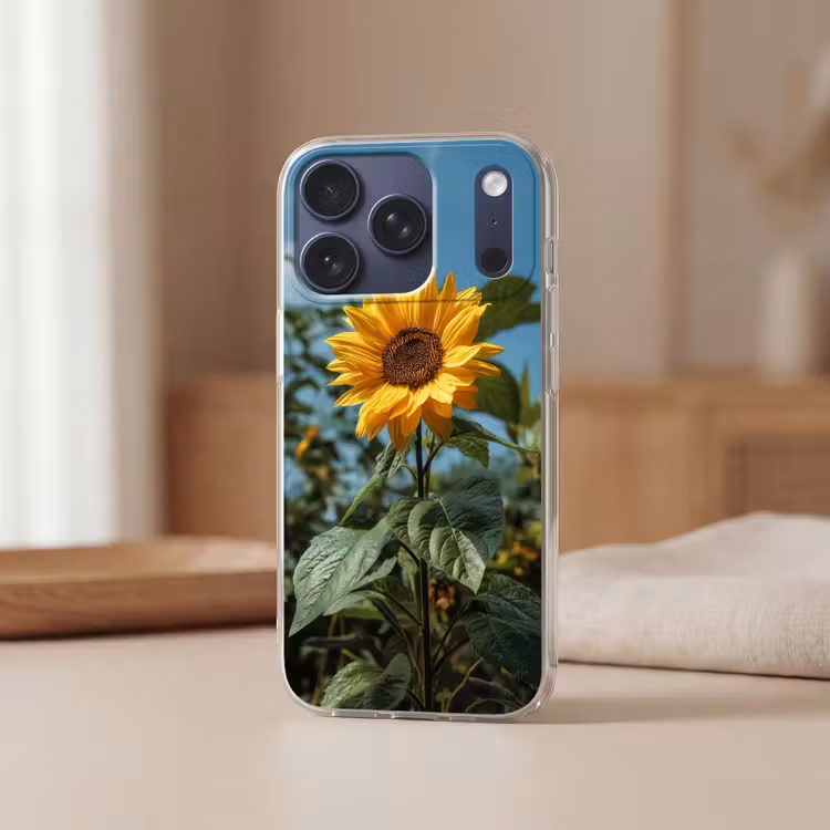 Zonnebloemen - Helderblauwer lucht - Gras Telefoonhoesje iPhone 17 Pro klein -sfeer2