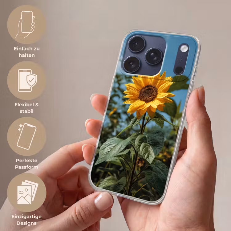 Zonnebloemen - Helderblauwer lucht - Gras Telefoonhoesje iPhone 17 Pro klein -sfeer3_DE