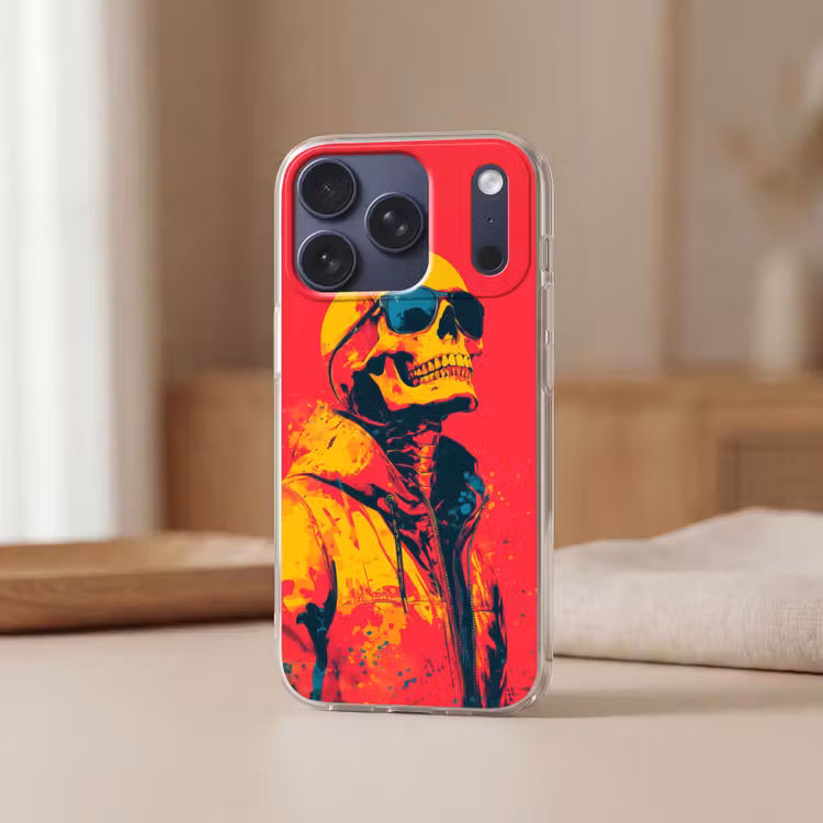 Zonnebril - Schedel - Jas - Rood Telefoonhoesje iPhone 17 Pro klein -sfeer2