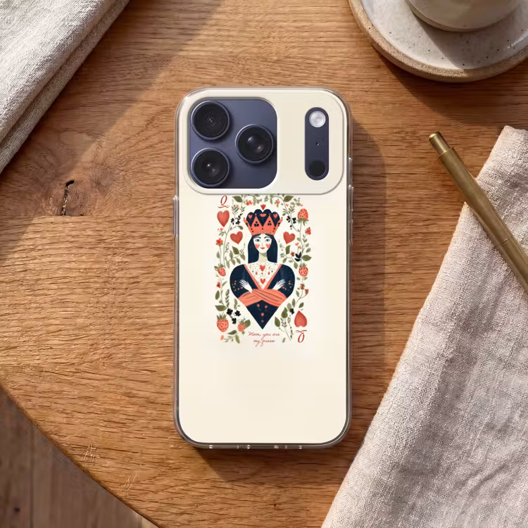 Speelkaart - Hartenkoningin - Bloemen - Hartjes Telefoonhoesje iPhone 17 Pro klein -sfeer1