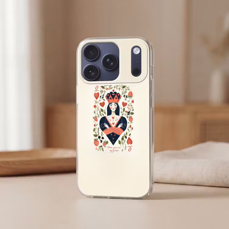 Speelkaart - Hartenkoningin - Bloemen - Hartjes Telefoonhoesje iPhone 17 Pro klein -sfeer2