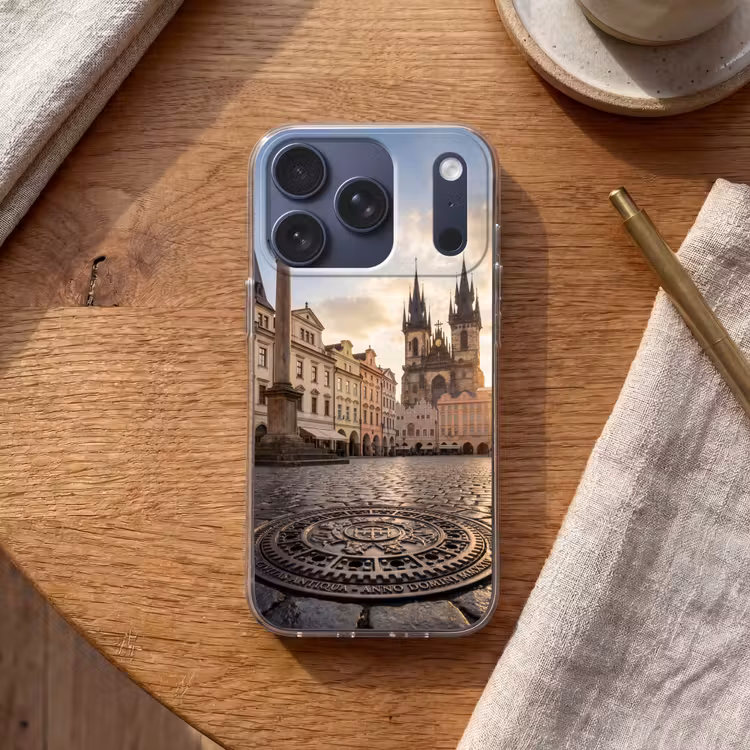 Stad - Praag - Ochtend - Architectuur - Goud Telefoonhoesje iPhone 17 Pro klein -sfeer1