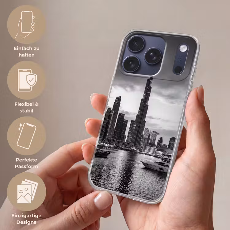 Stad - Skyline - Architectuur - Avond - Zwart-wit Telefoonhoesje iPhone 17 Pro klein -sfeer3_DE