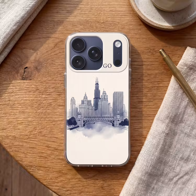 Stad - Skyline - Architectuur - Lijntekening - Blauw Telefoonhoesje iPhone 17 Pro klein -sfeer1