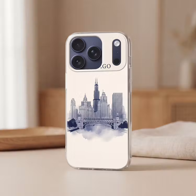 Stad - Skyline - Architectuur - Lijntekening - Blauw Telefoonhoesje iPhone 17 Pro klein -sfeer2