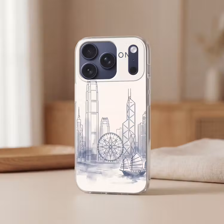 Stad - Skyline - Water - Lijntekening - Blauw Telefoonhoesje iPhone 17 Pro klein -sfeer2