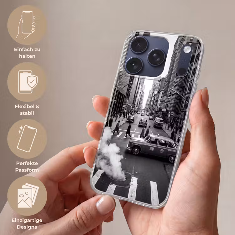 Stad - Straat - Gebouwen - Verkeer - Zwart-wit Telefoonhoesje iPhone 17 Pro klein -sfeer3_DE