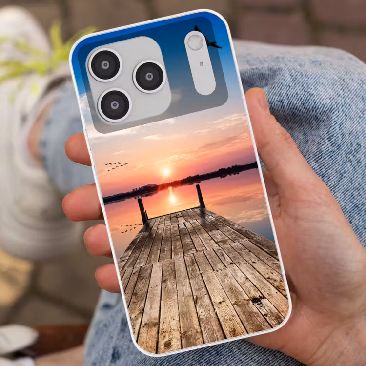 Steiger - Water - Zonsondergang - Roze - Horizon Telefoonhoesje iPhone 17 Pro klein -sfeer2