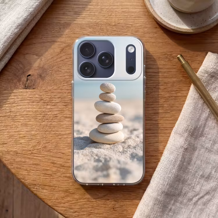 Stenen - Stapel - Zand - Zee Telefoonhoesje iPhone 17 Pro klein -sfeer1