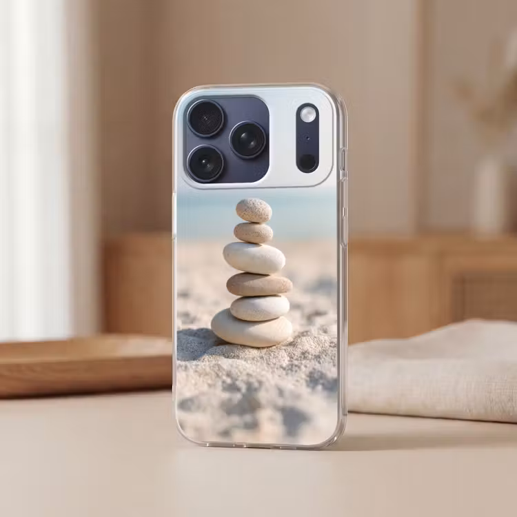 Stenen - Stapel - Zand - Zee Telefoonhoesje iPhone 17 Pro klein -sfeer2