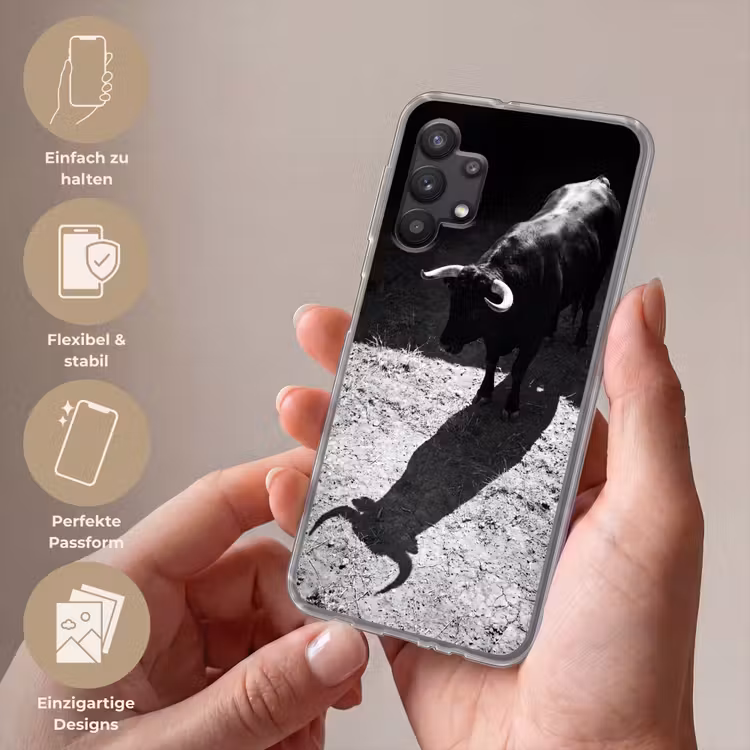Stier - Schaduw - Dieren - Contrast - Zwart-wit Telefoonhoesje Samsung Galaxy A32 5G klein -sfeer3_DE