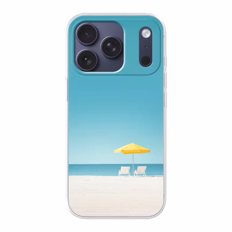 Strand - Blauwe lucht - Geel - Parasol Telefoonhoesje iPhone 17 Pro klein -3d