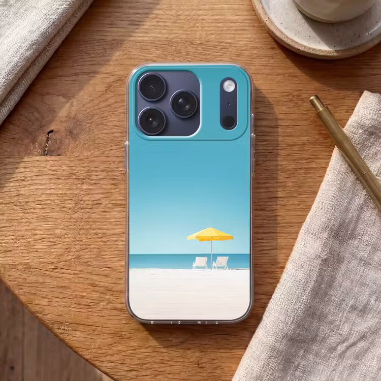 Strand - Blauwe lucht - Geel - Parasol Telefoonhoesje iPhone 17 Pro klein -sfeer1
