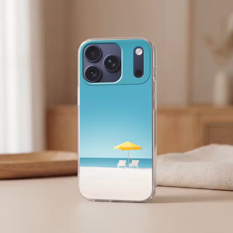 Strand - Blauwe lucht - Geel - Parasol Telefoonhoesje iPhone 17 Pro klein -sfeer2
