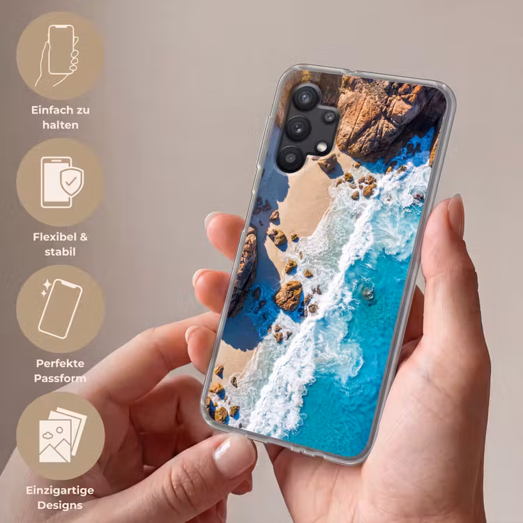Strand - Zee - Rotsen - Natuur - Blauw Telefoonhoesje Samsung Galaxy A32 5G klein -sfeer3_DE