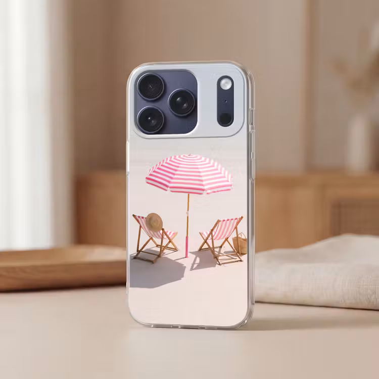 Strand - Parasol - Ligstoel - Zomer - Roze Telefoonhoesje iPhone 17 Pro klein -sfeer2