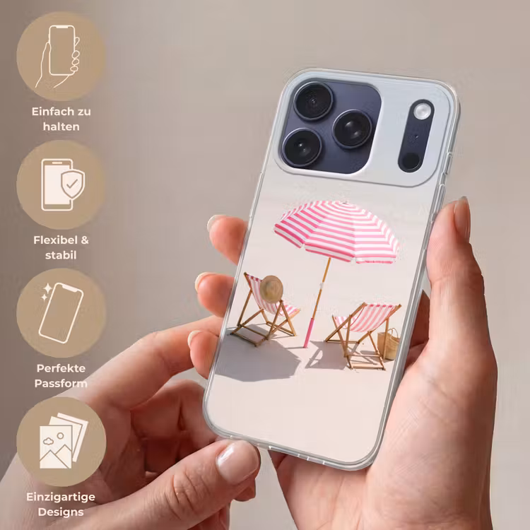 Strand - Parasol - Ligstoel - Zomer - Roze Telefoonhoesje iPhone 17 Pro klein -sfeer3_DE