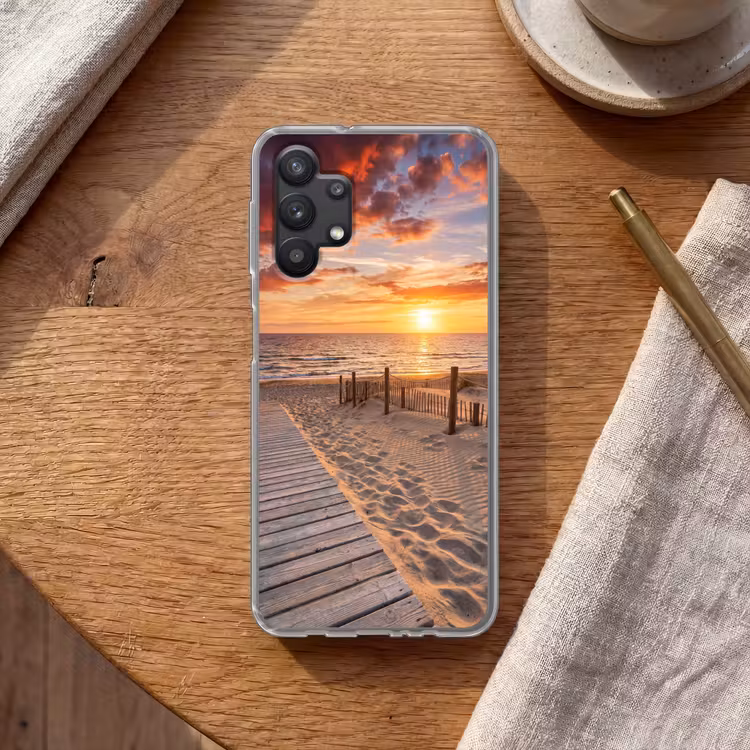 Strand - Zonsondergang - Zee - Natuur - Oranje Telefoonhoesje Samsung Galaxy A32 5G klein -sfeer1