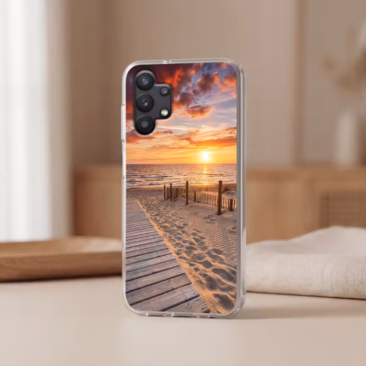 Strand - Zonsondergang - Zee - Natuur - Oranje Telefoonhoesje Samsung Galaxy A32 5G klein -sfeer2