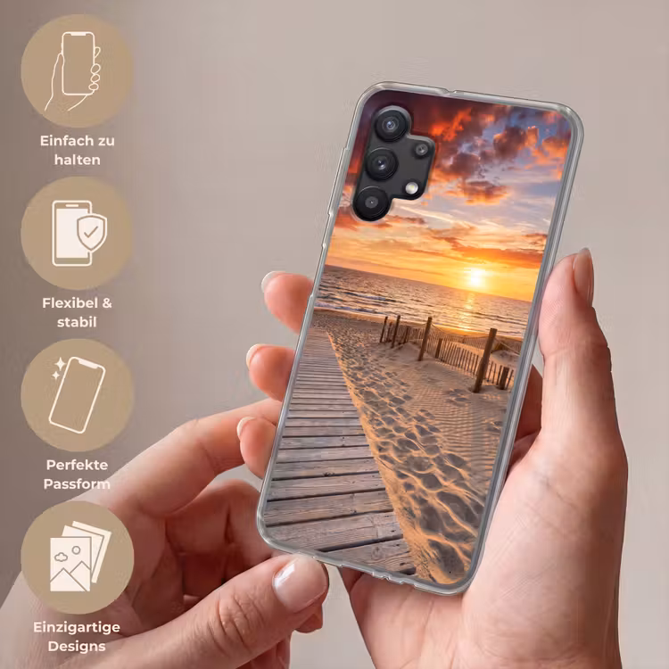 Strand - Zonsondergang - Zee - Natuur - Oranje Telefoonhoesje Samsung Galaxy A32 5G klein -sfeer3_DE
