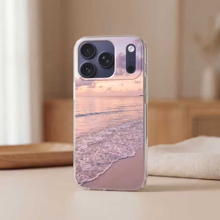 Strand - Zonsondergang - Natuur - Minimalistisch - Roze Telefoonhoesje iPhone 17 Pro klein -sfeer2