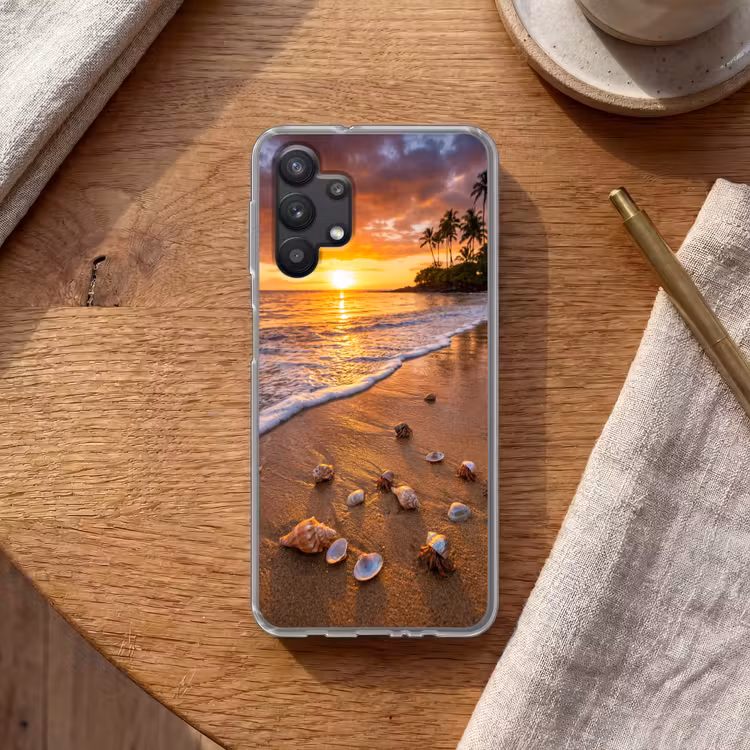 Strand - Zonsondergang - Palmbomen - Natuur - Oranje Telefoonhoesje Samsung Galaxy A32 5G klein -sfeer1