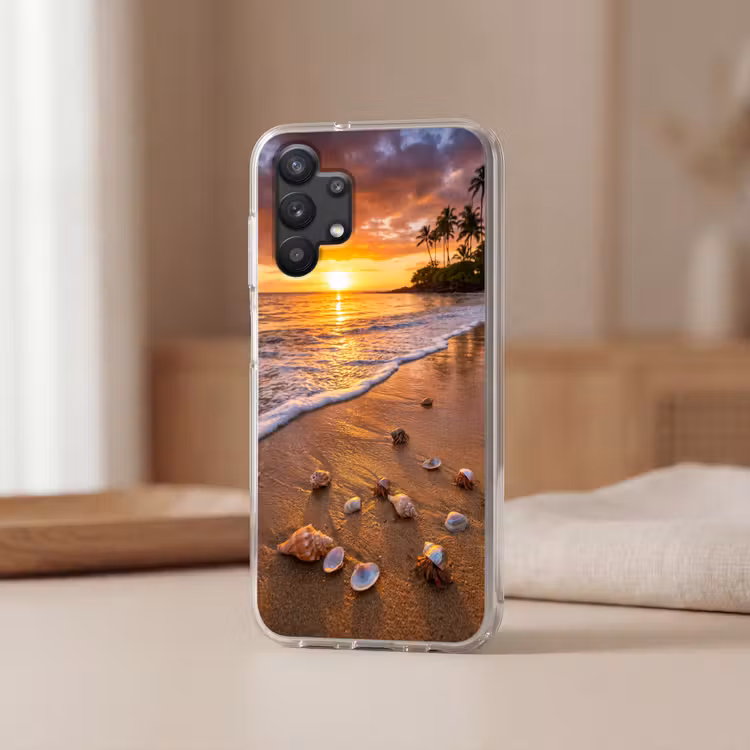 Strand - Zonsondergang - Palmbomen - Natuur - Oranje Telefoonhoesje Samsung Galaxy A32 5G klein -sfeer2