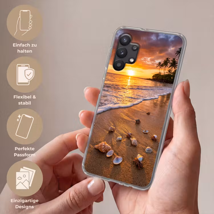 Strand - Zonsondergang - Palmbomen - Natuur - Oranje Telefoonhoesje Samsung Galaxy A32 5G klein -sfeer3_DE