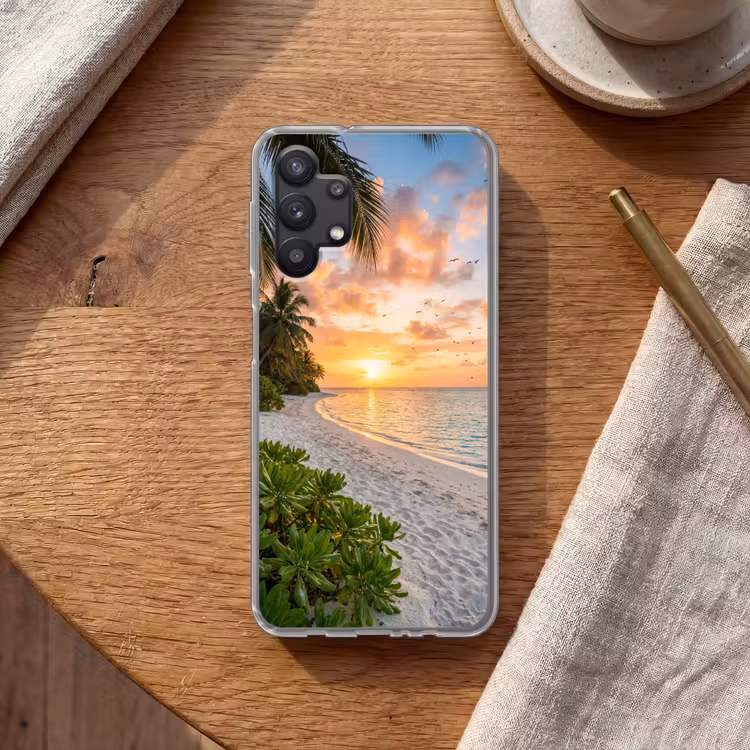 Strand - Zonsondergang - Palmbomen - Tropisch - Natuur Telefoonhoesje Samsung Galaxy A32 5G klein -sfeer1