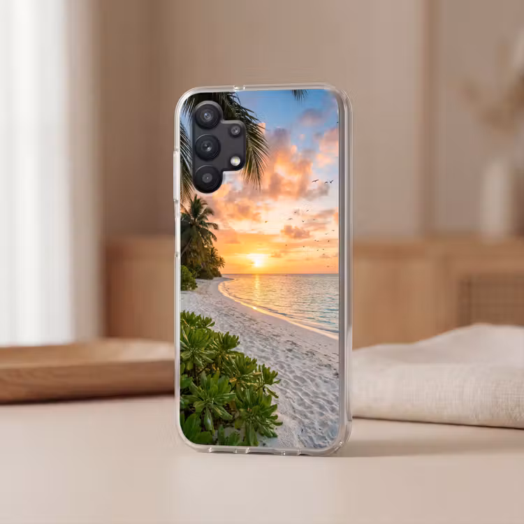 Strand - Zonsondergang - Palmbomen - Tropisch - Natuur Telefoonhoesje Samsung Galaxy A32 5G klein -sfeer2