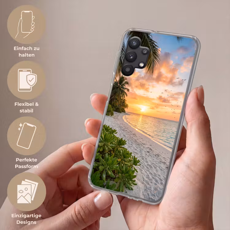 Strand - Zonsondergang - Palmbomen - Tropisch - Natuur Telefoonhoesje Samsung Galaxy A32 5G klein -sfeer3_DE